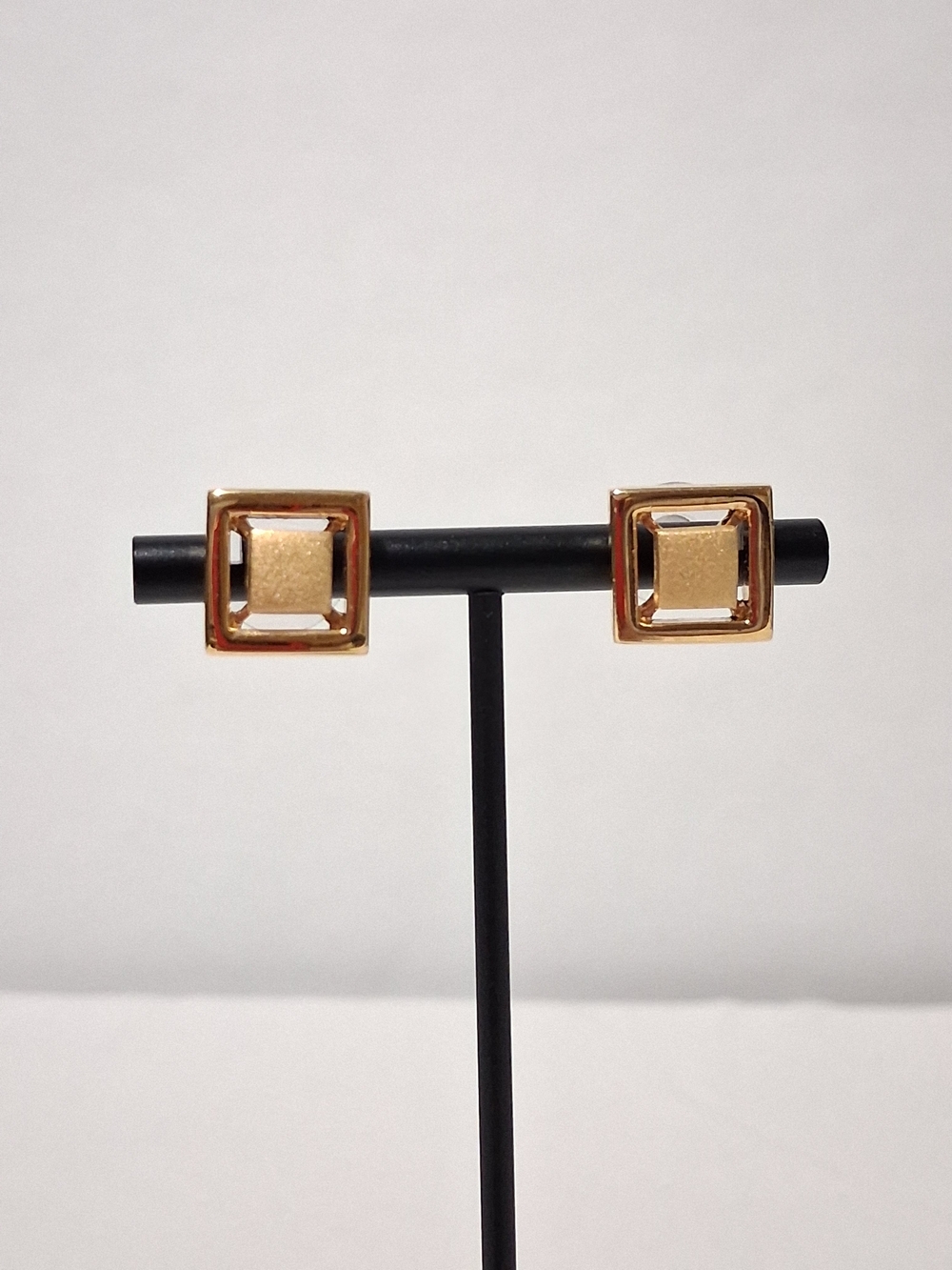 Vintage Napier Square Open-Frame Stud Earrings Polished/ Brushed Gold Tone